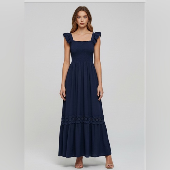 Shirred Guipure Lace Insert Ruffle Hem Dress Blue - Picture 3 of 10